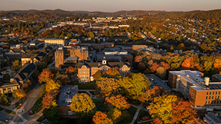 An aerial view of IUP's campus in autumn