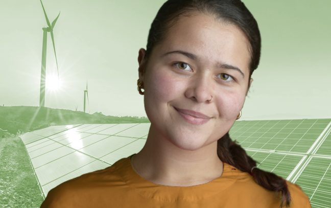 Female student superimposed in front of green backdrop with solar panels in the background