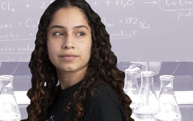 a woman superimposed in front of a purple background with chemistry supplies