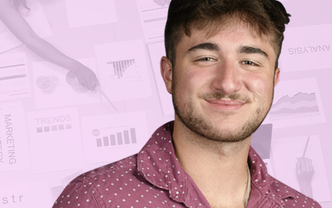 A student being superimposed in front of a pink background with paperwork and charts.