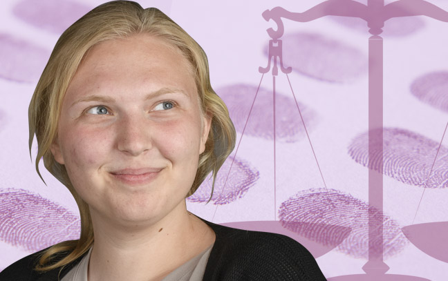 A student being superimposed in front of a magenta background with fingerprints and a balance scale.