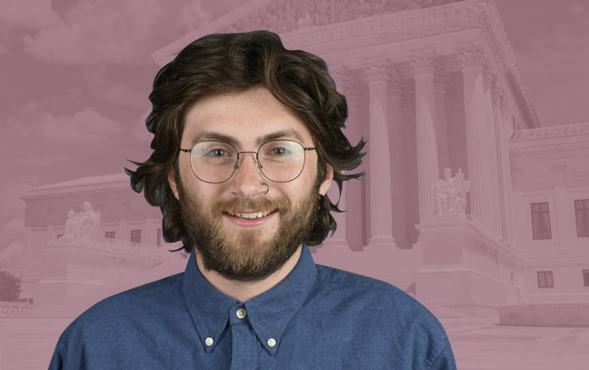 A student being superimposed in front of a magenta background with a building.
