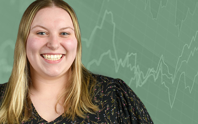 A student being superimposed in front of a green background showing a stock chart.