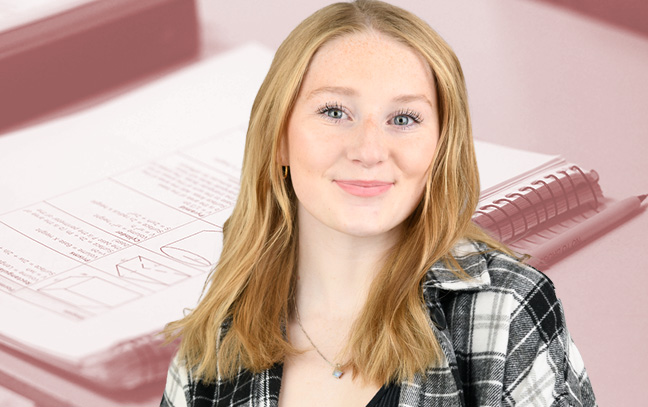 A student being superimposed in front of a velvet-colored background showing notes on a notebook.