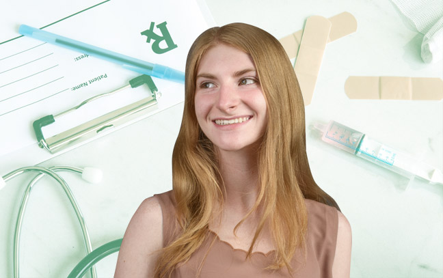 A student being superimposed in front of a background of nursing/medical supplies.