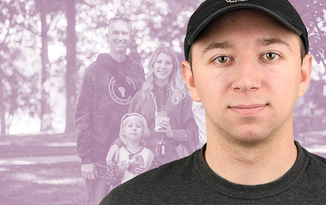 A student being superimposed in front of a magenta background showing a family portrait.
