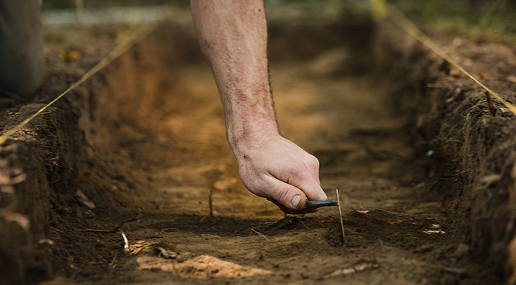 close up of a hand moving dirt with a small trowel at a dig site