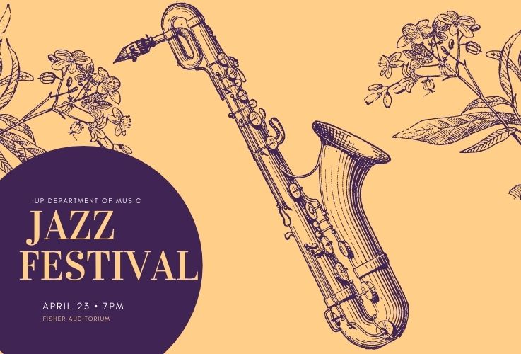 Illustration of a saxophone and wildflowers with the Jazz Fastival title, date, and location in a purple circle