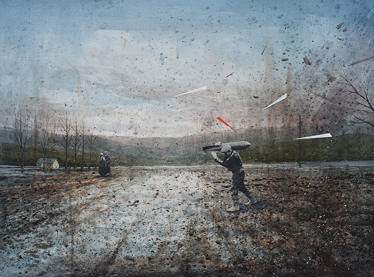 Image of a painting of a man carrying a bomb across a field.