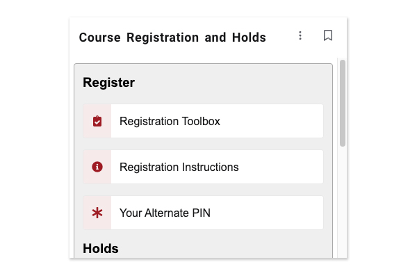 screenshot of the course registration card