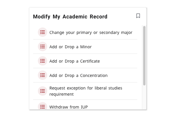 screenshot of the modify my academic record card