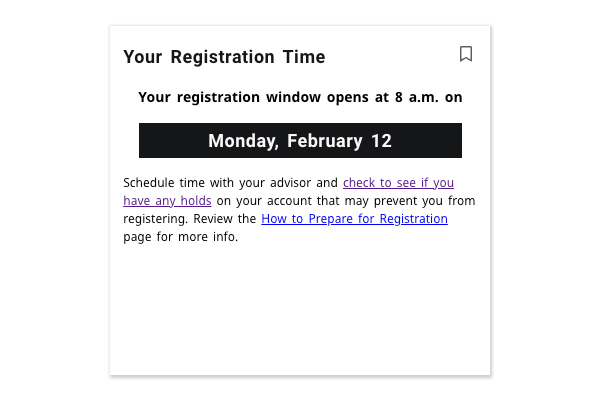 screenshot of the registration appointment window card showing the date and time of registration for that student.