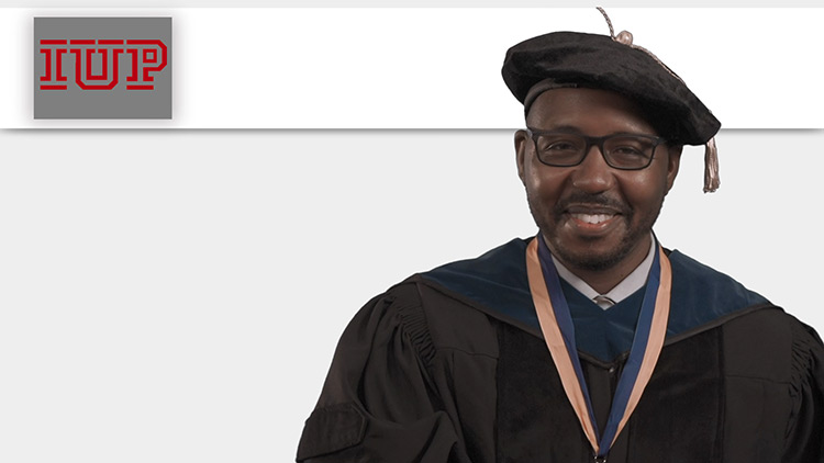 Graduate student speaker Marvin Hobson delivers his prerecorded address from his home in Florida for the IUP virtual graduate Commencement ceremonies.
