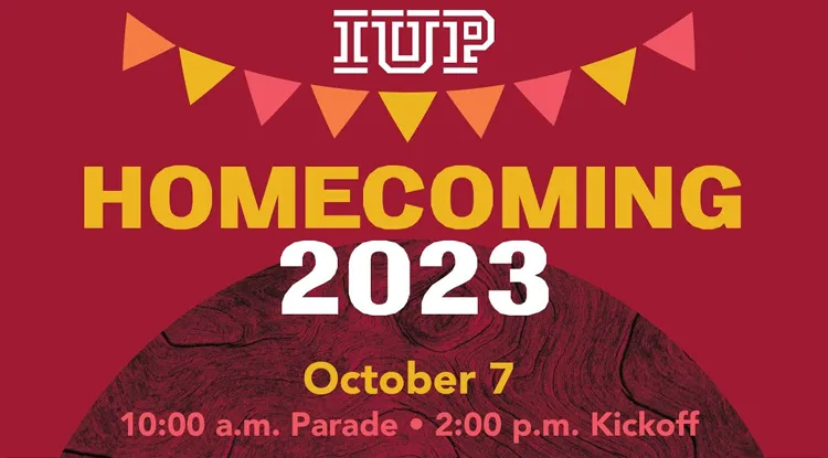 a red banner with the IUP logo and the text "Homecoming 2023"