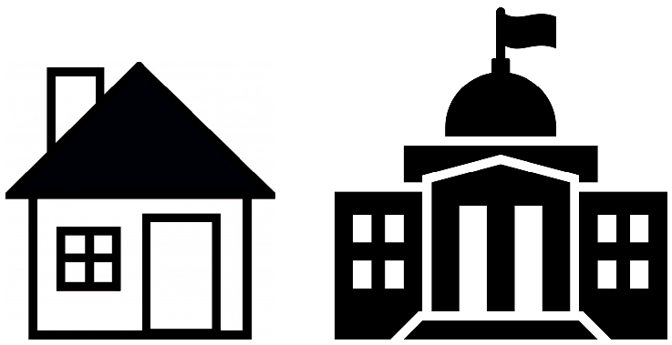 Black and white clipart of small house and university building