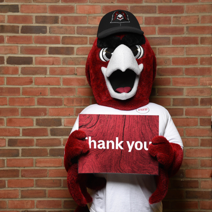 IUP mascot Norm holding a sign that says Thank You