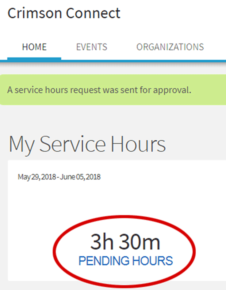 Once you have submitted your service hours, the number of hours you submitted will appear under “pending hours” until the administrator of your organization approves them.