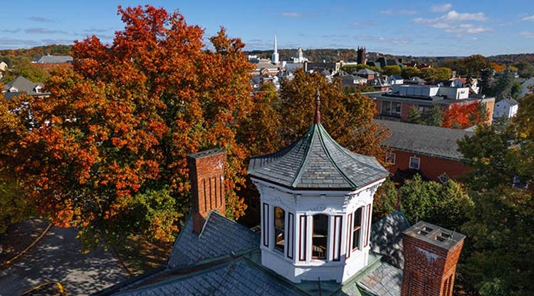 A drone's-eye view of the Breezedale cupola seeming to point at the Indiana scenery to the northeast