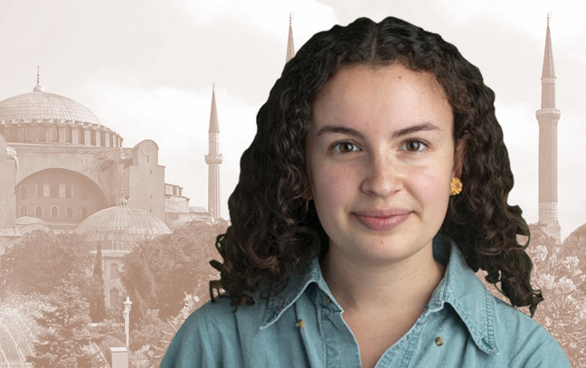 a female student superimposed over a brown backdrop of middle eastern architecture