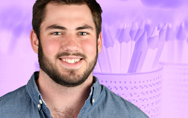 A student being superimposed in front of a background with hand paint prints.