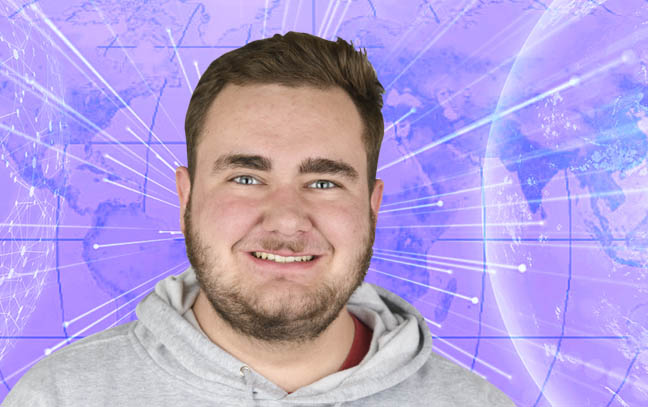 a male student superimposed over a purple backdrop of maps
