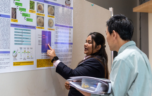 a student explaining a research poster to an onlooker