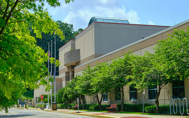 The front entrance of a brown stone building lined with green trees