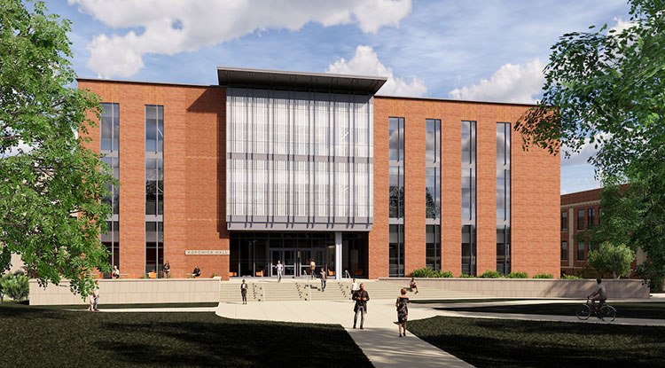 An artists rendering of a red brick building behind an oak grove with students walking around