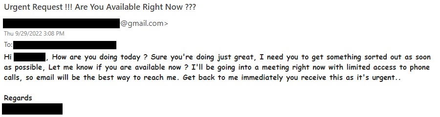 Screenshot of a phishing message with an urgent request