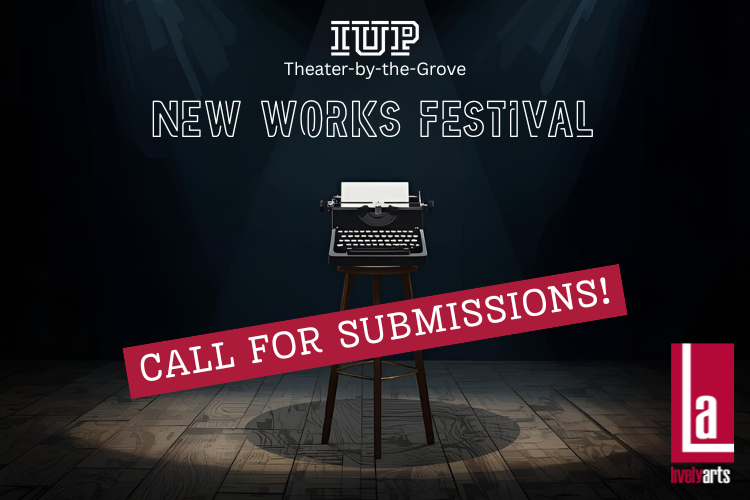 A typewriter on a stool in the spotlight on an otherwise dark, empty stage, with the words New Works Festival Call for Submissions