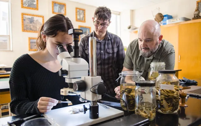 artistic image of a woman waking through a lab