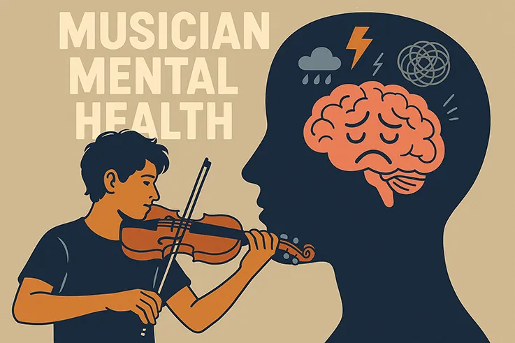 Clipart of a man playing the violin with the text Musician Mental Health