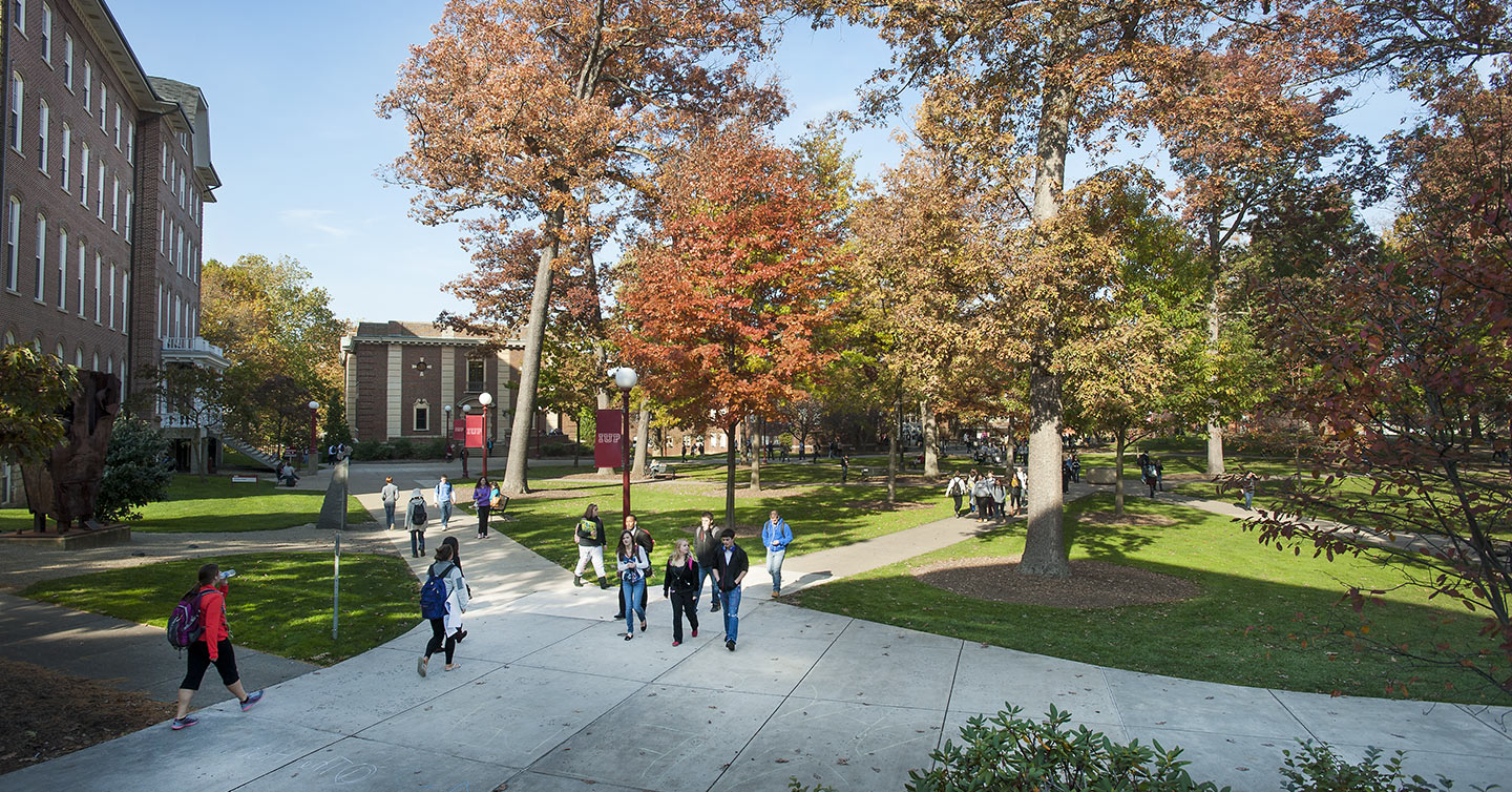 students walking through the IUP oak grove surrounded by trees and buildings