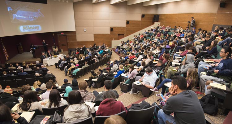 Students attending a lecture in the Eberly College of Business