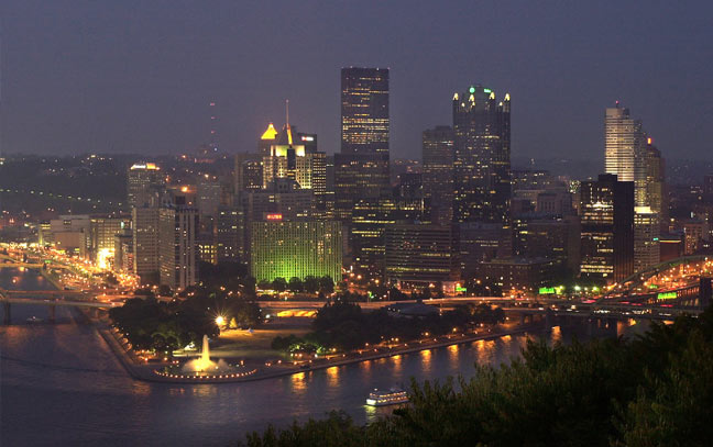 a shot of the Pittsburgh skyline in the evening