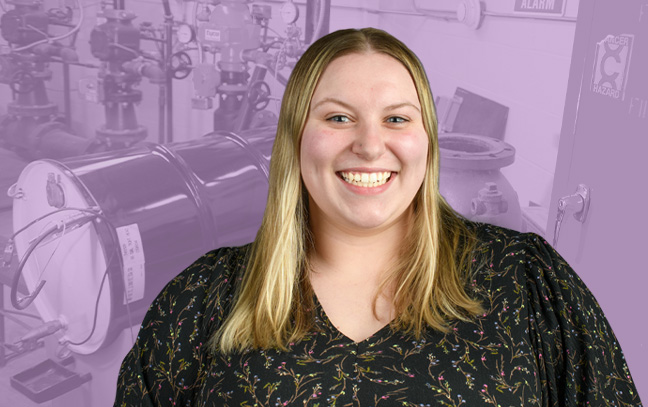 A student being superimposed in front of a purple background with safety equipment.