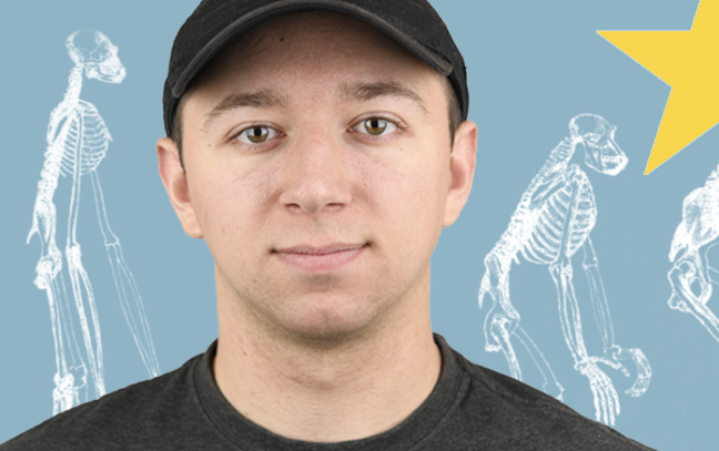 A student being superimposed in front of a background with clip art.