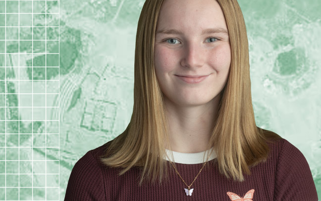 a female student superimposed in front of green backdrop with archeology equipment