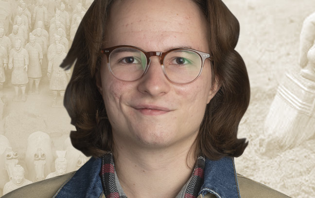 a male student superimposed on a brown backdrop with an archeological dig