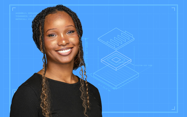 female student superimposed on a blueprint drawing