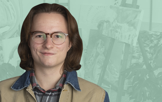 A student being superimposed in front of a spring-green background with art canvases.