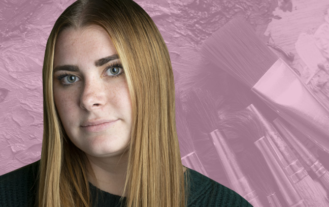 A student being superimposed in front of a magenta background with brushes.