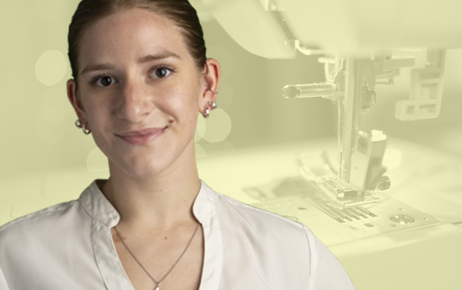 A student being superimposed in front of a yellow background with a sewing machine.