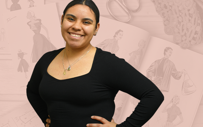 A student being superimposed in front of a peach-colored background with sketches of clothing.