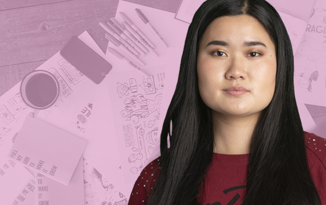 A student being superimposed in front of a magenta background with design sketches.