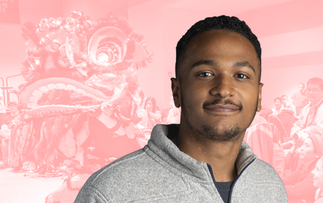 Male student superimposed in front of pink backdrop with Chinese dragon in the background
