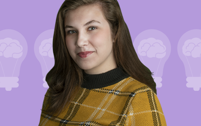 Female student superimposed in front of purple backdrop with lightning bulbs in the background