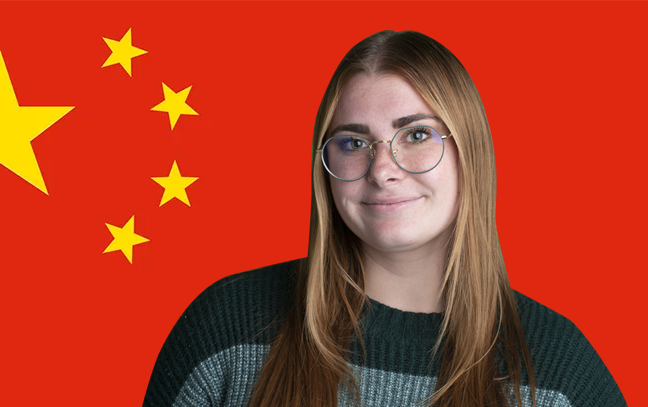 student superimposed in front of China flag backdrop