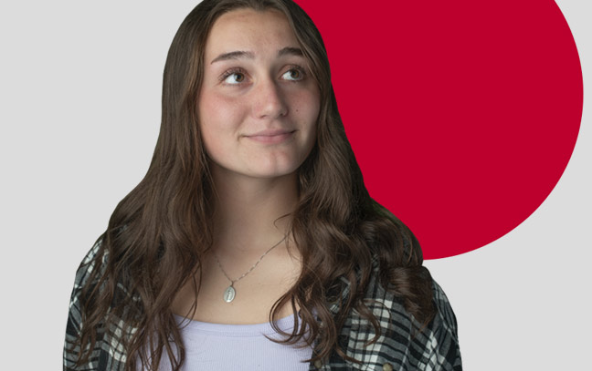 a female student superimposed over a backdrop of the Japanese flag