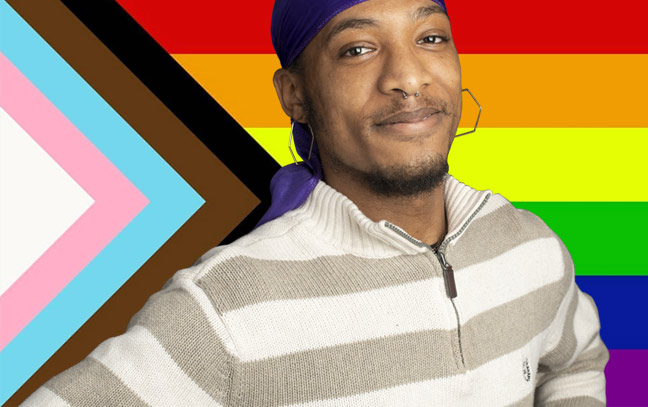a male student superimposed on a backdrop of the progress flag